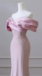 Vestido de noche elegante para mujer en rosa carne con lentejuelas, escote a los hombros, para fiesta o baile de graduación Y6963
