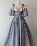 Vestido de Baile Vintage em Cetim com Renda, Corte em A, Azul, Mangas Bufantes, Vestido Longo de Noite Y8515