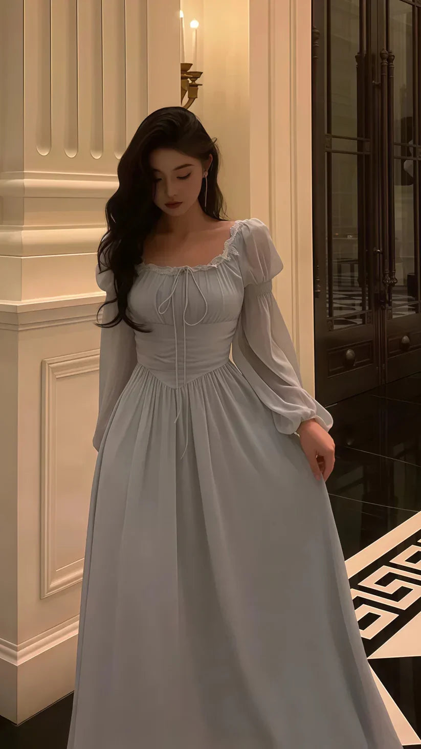 Vestido de Festa Elegante Cinzento em Chiffon com Renda e Mangas Compridas para Baile de Finalistas Y8021