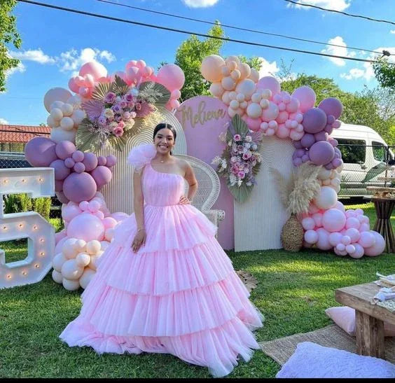 Vestido de baile cor-de-rosa em tule com saia em camadas em linha A, Vestido cor-de-rosa para 16 anos Y6957