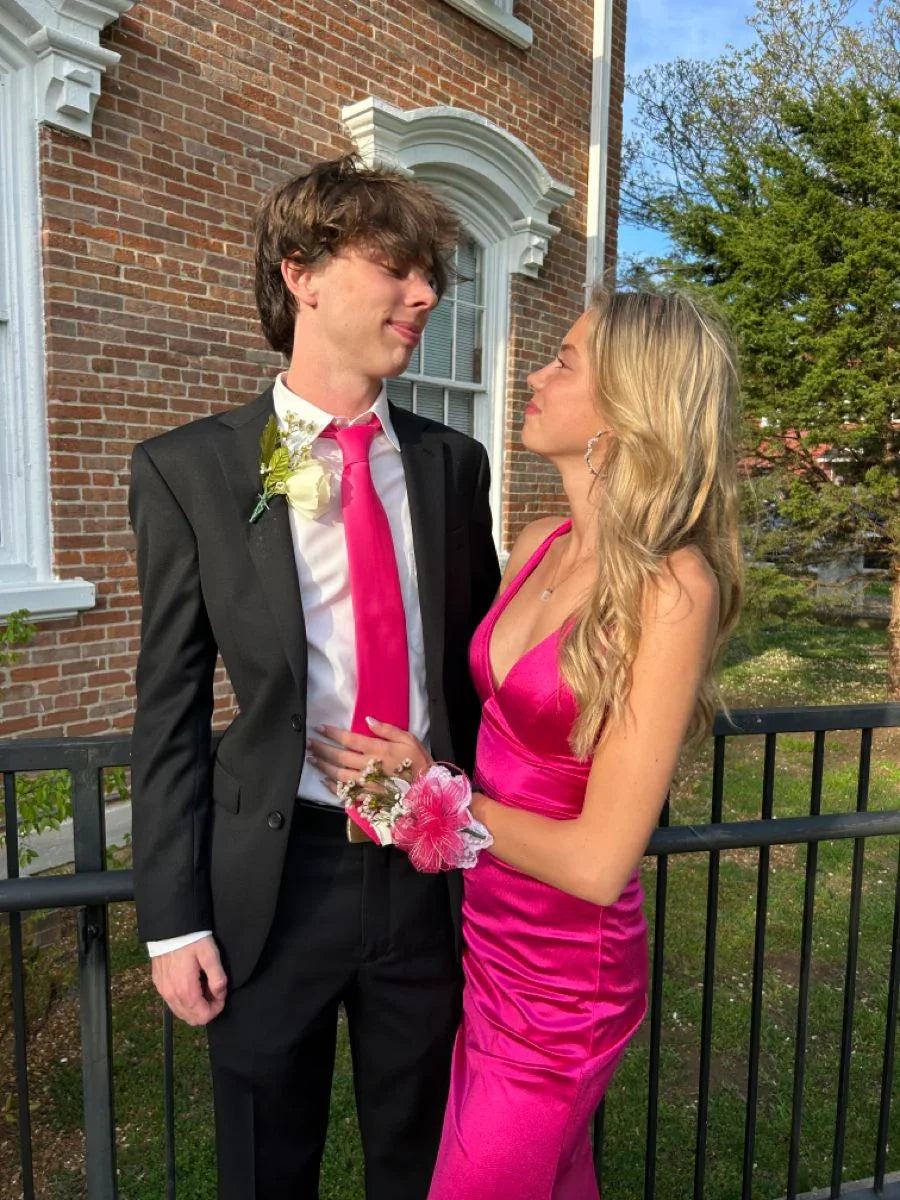 Schlichtes Fuchsienfarbenes Satin-Abendkleid mit V-Ausschnitt, Festliches Kleid Y3096