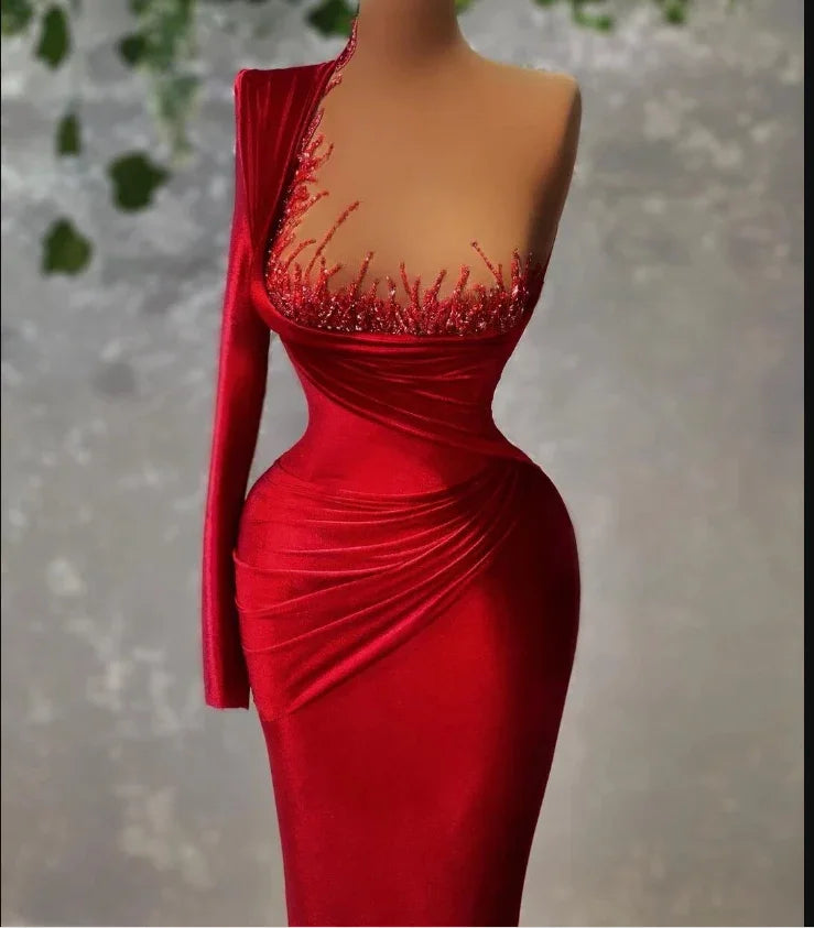 Vestidos modernos de terciopelo con un solo hombro y cuentas para alfombra roja, vestidos de noche para mujer, vestido sirena de baile de graduación Y1907