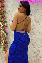 Sexy königsblaues Paillettenschuppenkleid im Meerjungfrauenstil, langes festliches Kleid ohne Rücken Y1695