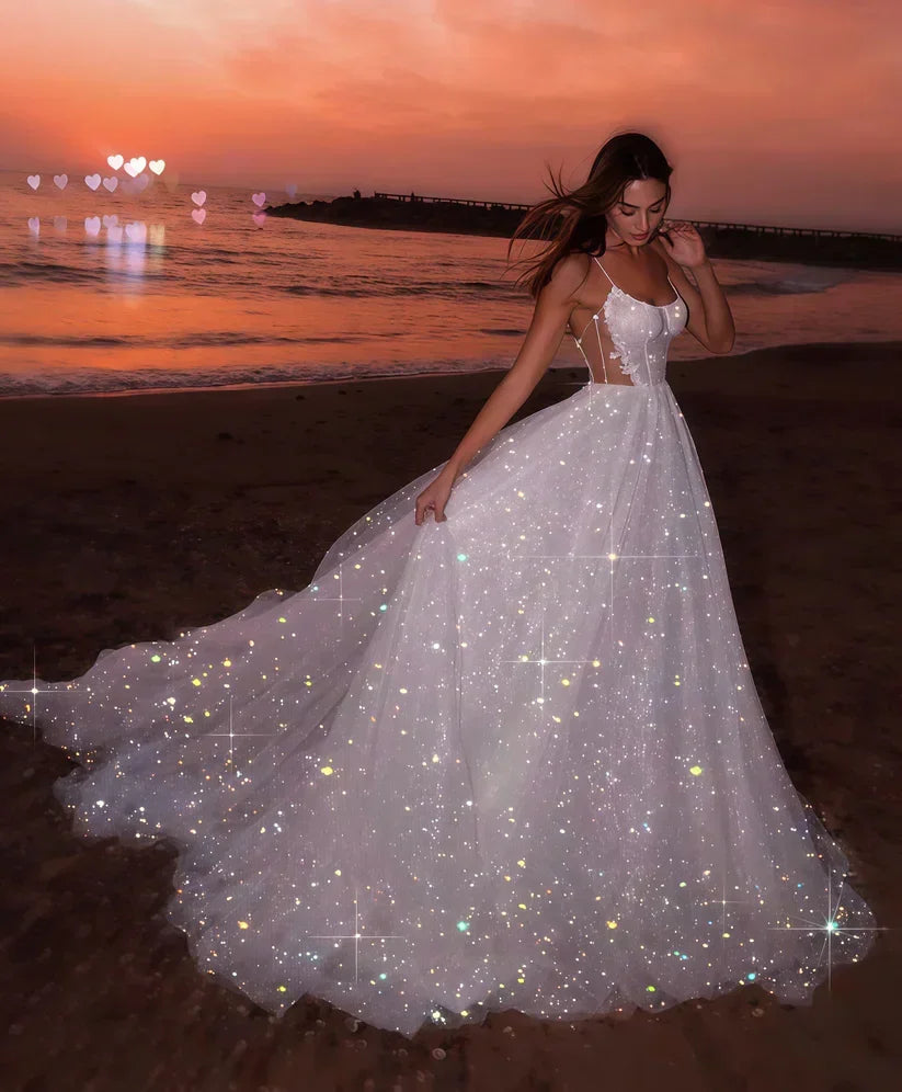 Vestido de Noite de Tule com Lantejoulas Brancas Brilhantes, Linha A, Sem Mangas, Comprido para Praia, Vestido de Noiva Y8011