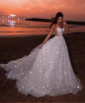 Vestido de Noite de Tule com Lantejoulas Brancas Brilhantes, Linha A, Sem Mangas, Comprido para Praia, Vestido de Noiva Y8011