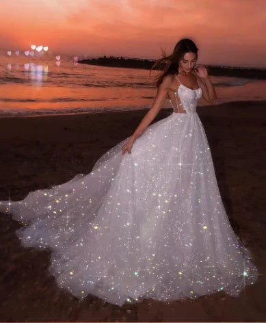 Vestido de Noite de Tule com Lantejoulas Brancas Brilhantes, Linha A, Sem Mangas, Comprido para Praia, Vestido de Noiva Y8011