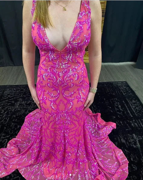 Vestido de Noite Luxuoso com Decote Profundo em V, Modelo Sereia, Cor-de-Rosa, Vestido Formal para Baile Y7819