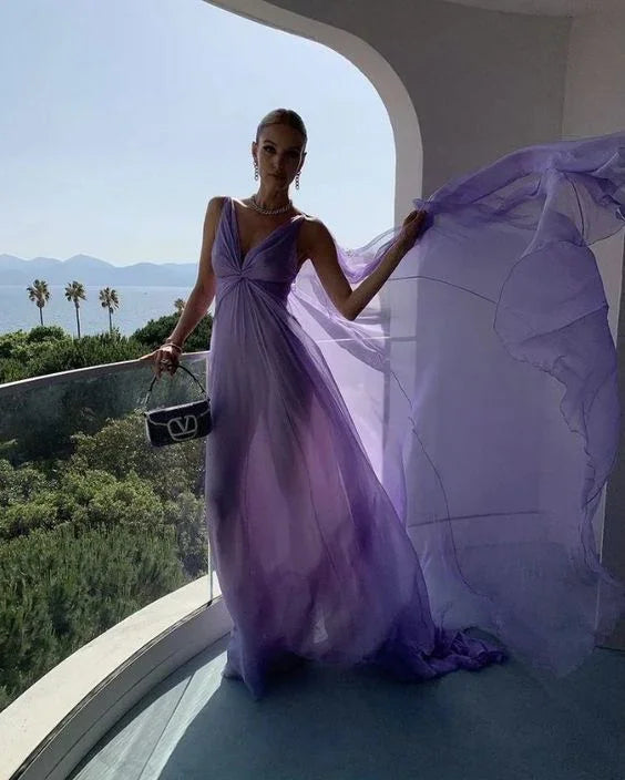 Vestido largo de tul morado sencillo con escote en V para fiesta Y7774