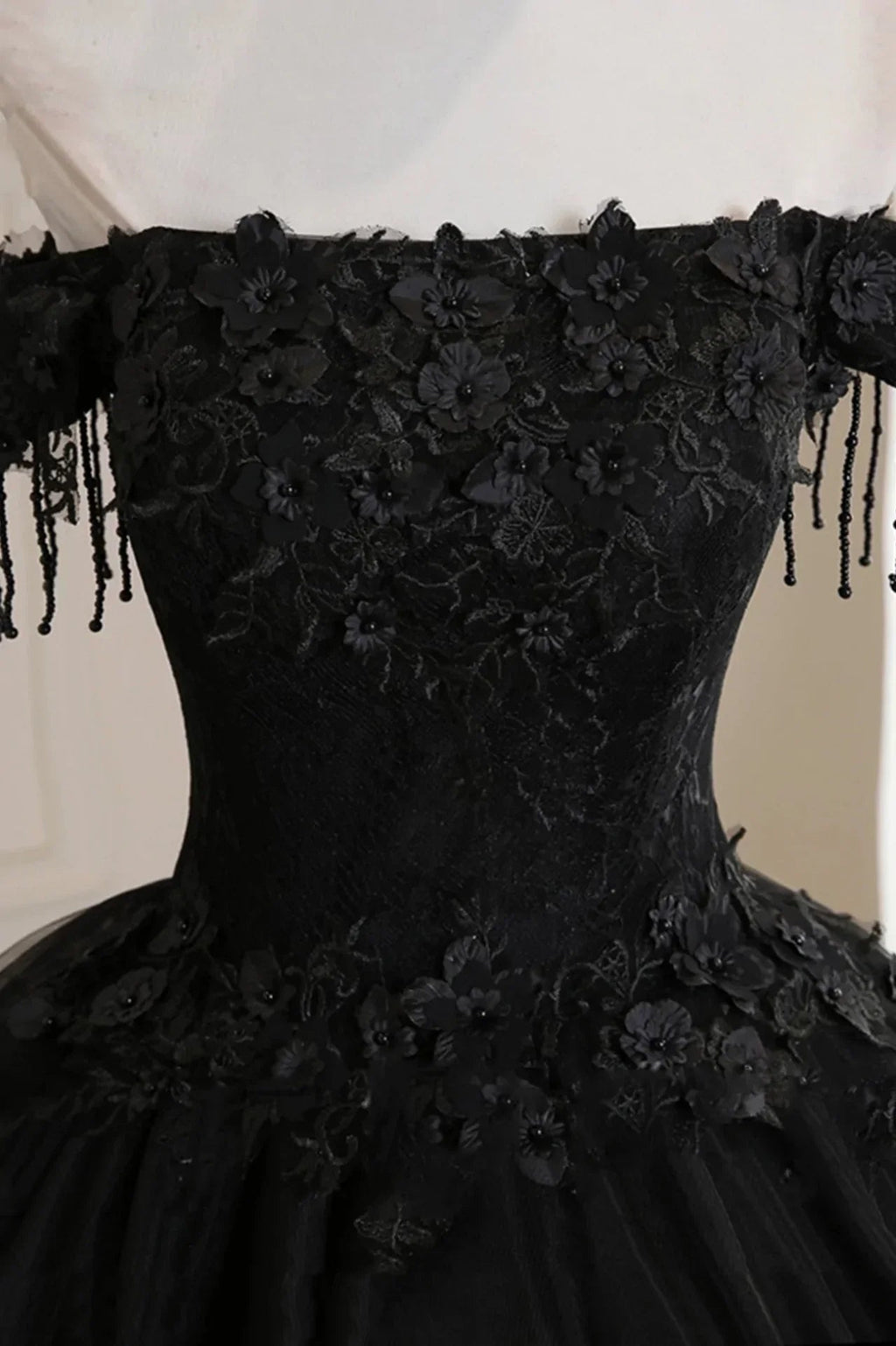 Black Off Shoulder Tulle Ball Gown With Lace Sweet 16 Dress, Black Long Evening Dress Y1143