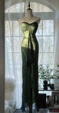 Vestido Vintage Justo Verde Escuro em Cetim com Contas para Baile Vestido Longo de Noite Y8557
