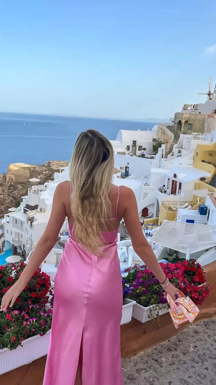 Robe de soirée rose élégante à fines bretelles spaghetti, robe de soirée rose Y2357
