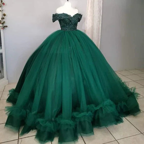 Vestido de Baile Verde com Ombros Descobertos, Vestido Verde para Festa de 16 Anos Y7145