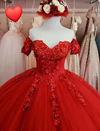 Großzügiges rotes A-Linien-Tüll-Spitzenballkleid, Süßes 16 Kleid Y1221