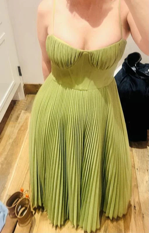 Classy Spaghetti Straps Pleated Tulle Green Midi Prom Dress A Line Evening Dress Y8452