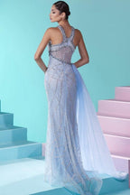 Robe de bal longue bleue sirène sans manches en tulle ornée de perles avec fente élégante