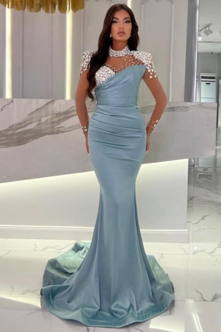 Abito da sera lungo blu sirena con collo alto scintillante in raso e maniche lunghe