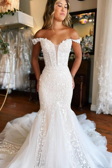 Vestido de Noiva Comprido Sereia Deslumbrante com Renda, Sem Mangas e Ombros Descobertos, com Cauda