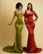 Glamoroso vestido de fiesta largo estilo sirena con escote cuadrado, pedrería y mangas largas