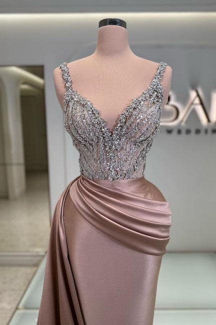 Robe de bal longue sirène sans manches à col en V ornée de bijoux, élégante