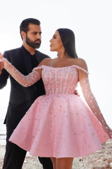 Glamouröses kurzes rosa Cocktailkleid, schulterfreies Glitzer-Ballkleid mit Spitze