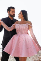 Glamouröses kurzes rosa Cocktailkleid, schulterfreies Glitzer-Ballkleid mit Spitze