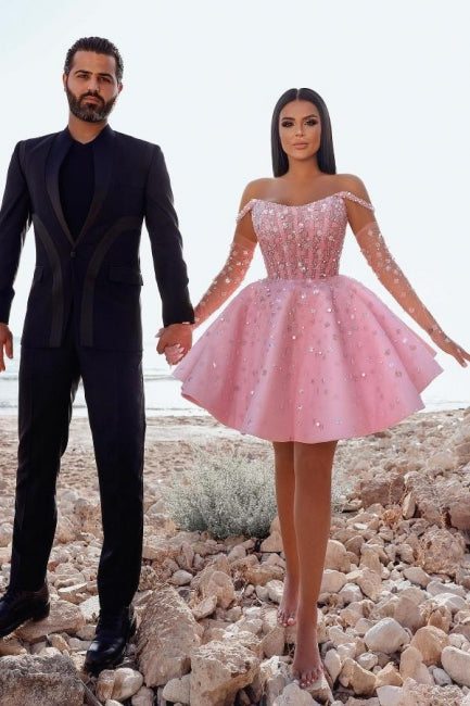 Glamouröses kurzes rosa Cocktailkleid, schulterfreies Glitzer-Ballkleid mit Spitze