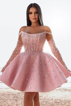 Glamouröses kurzes rosa Cocktailkleid, schulterfreies Glitzer-Ballkleid mit Spitze