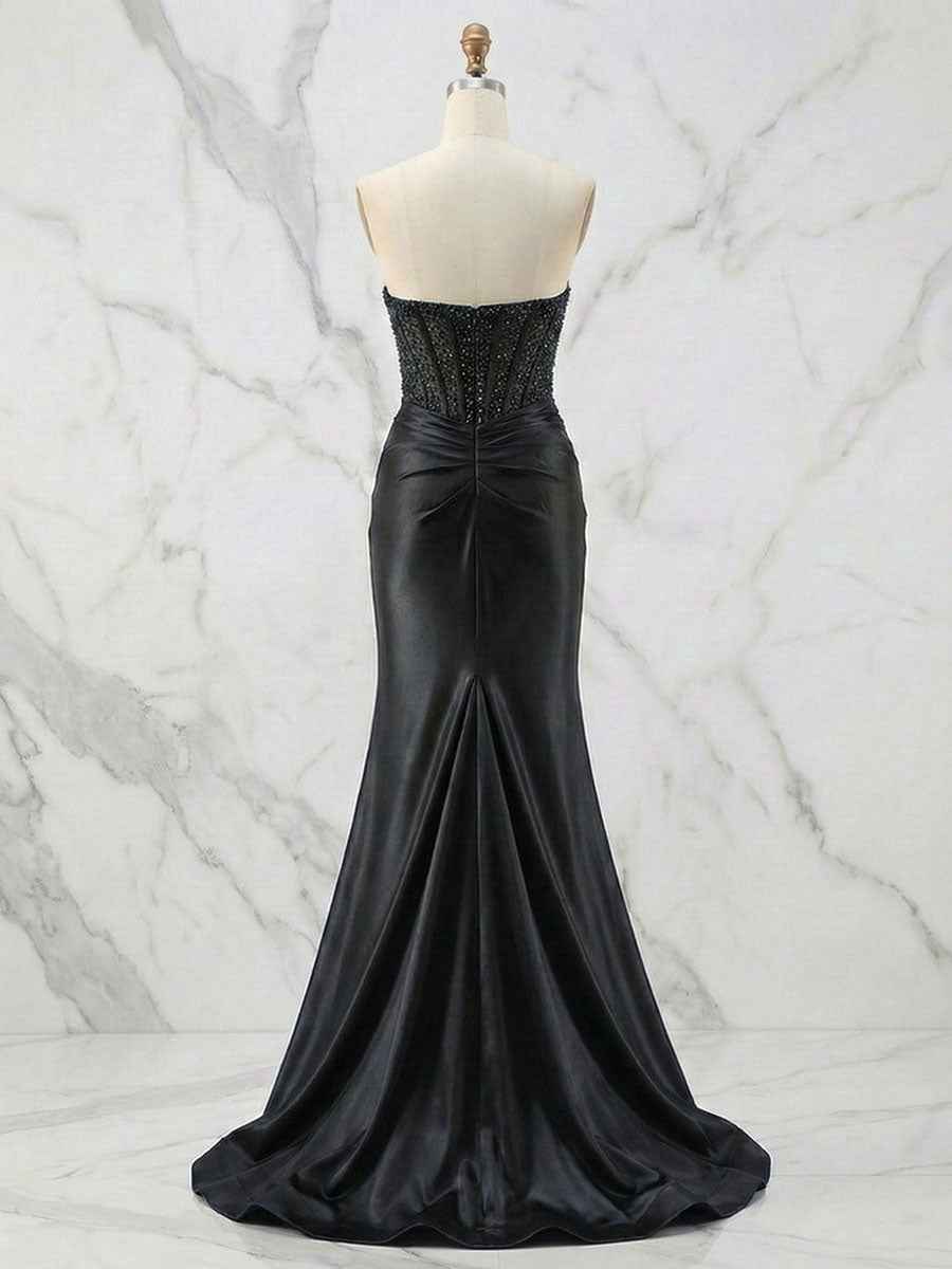 Glamorous Red Strapless Beaded Corset Satin Prom Dress