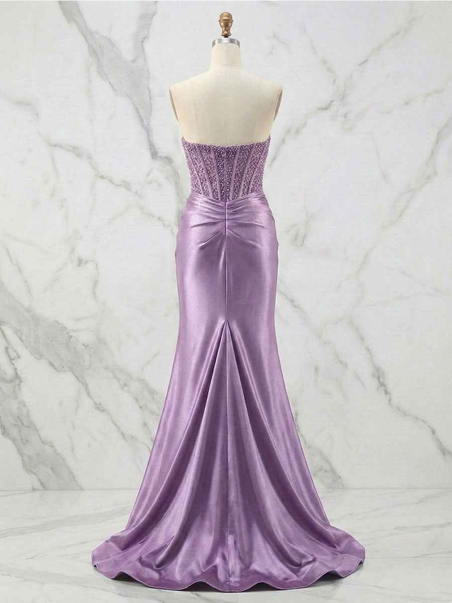 Glamorous Red Strapless Beaded Corset Satin Prom Dress