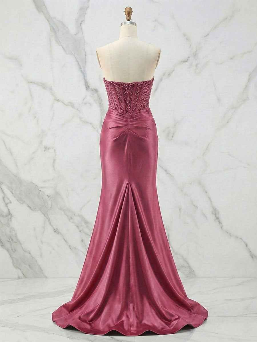 Glamorous Red Strapless Beaded Corset Satin Prom Dress