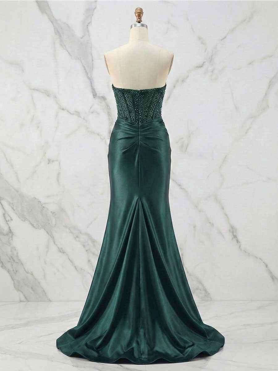Glamorous Red Strapless Beaded Corset Satin Prom Dress