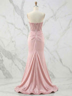 Glamorous Red Strapless Beaded Corset Satin Prom Dress
