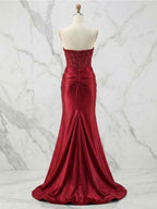 Glamorous Red Strapless Beaded Corset Satin Prom Dress