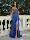 Glitter Bodycon Spaghetti Straps Sweetheart Long Prom Dress with Slit