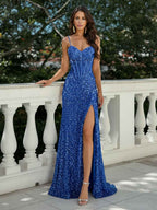 Glitter Bodycon Spaghetti Straps Sweetheart Long Prom Dress with Slit