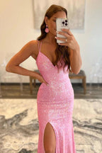 Glitter Mermaid Pink Sequins Mesh Split Prom Evening Dress