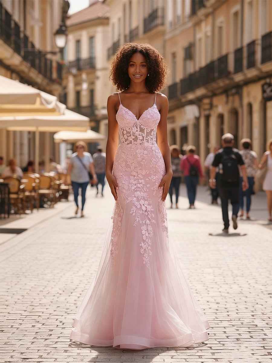 Sage Green Glitter Mermaid Tulle Prom Dress With Lace Appliques And V Neck