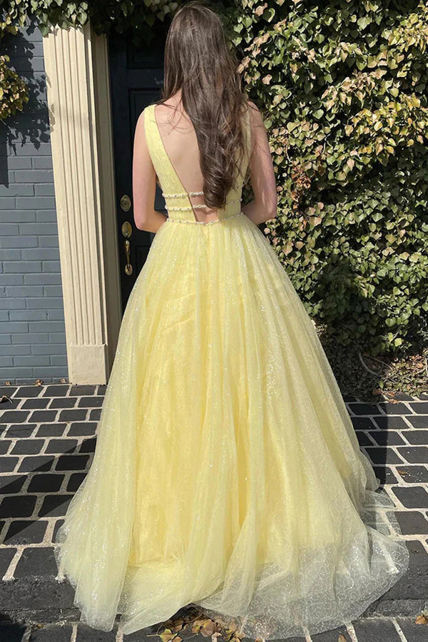 Vestido Formal Comprido de Tule Amarelo com Lantejoulas em Corte A