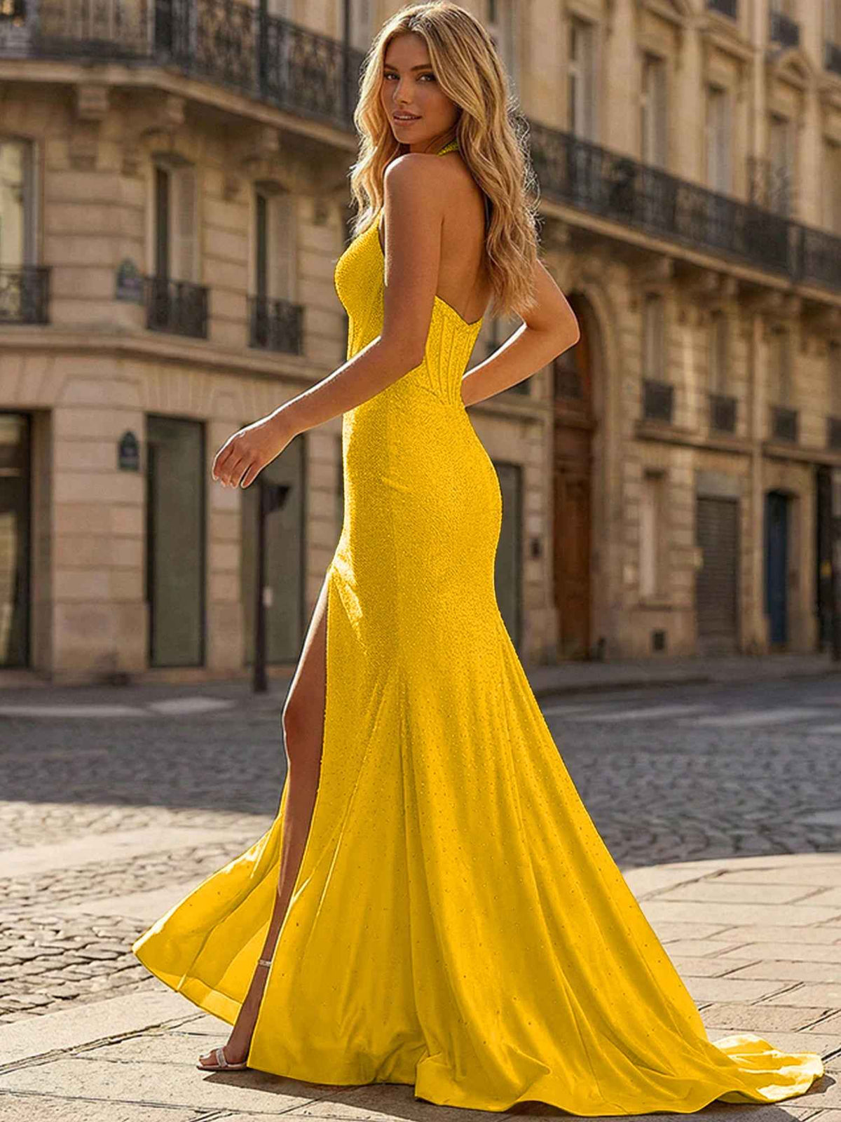 Yellow Beaded Halter Corset Prom Dress With High Slit