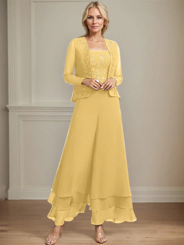 Getrennter Overall/Hosenanzug mit quadratischem Ausschnitt, knöchellang, aus Spitzenchiffon, Brautmutterkleid mit Pailletten