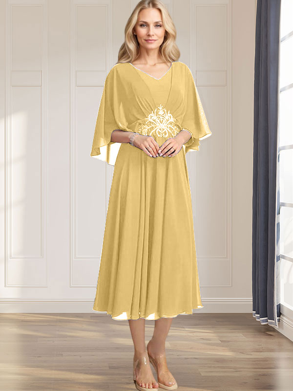 A-line V-Neck Tea-Length Chiffon Mother of the Bride Dress With Pleated Sequins Appliques Lace Beadind