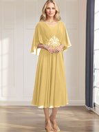A-line V-Neck Tea-Length Chiffon Mother of the Bride Dress With Pleated Sequins Appliques Lace Beadind