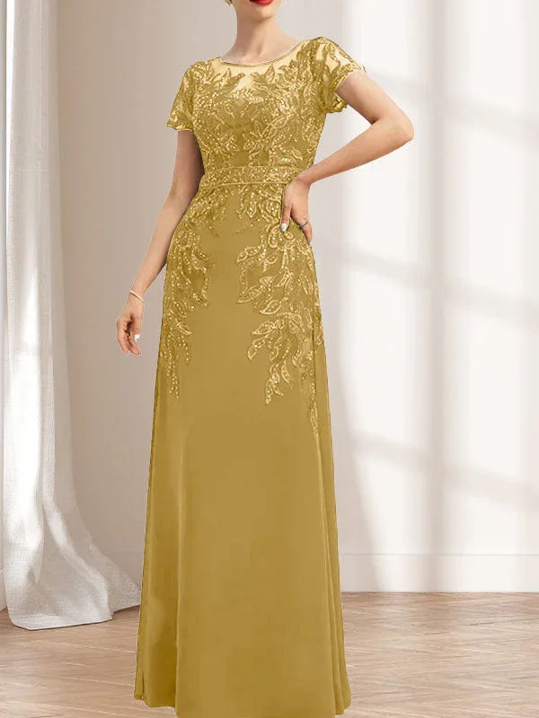 Vestido de madrina de novia con ilusión, corte columna y fajín, largo hasta el suelo, de encaje y gasa con lentejuelas