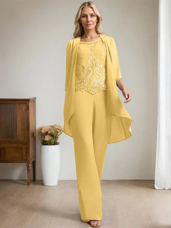 Getrennter Overall/Hosenanzug mit Rundhalsausschnitt, bodenlang, aus Chiffon und Spitze, Mutter-des-Brautkleides mit Perlen und Pailletten
