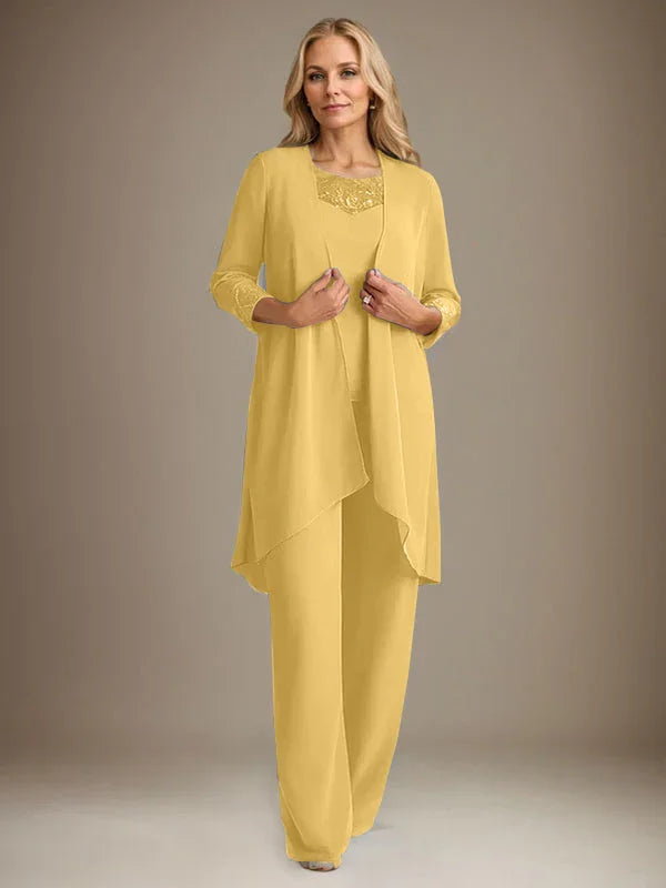 Chiffon Scoop Long Sleeves Mother Of The Bride Pantsuits With Jacket