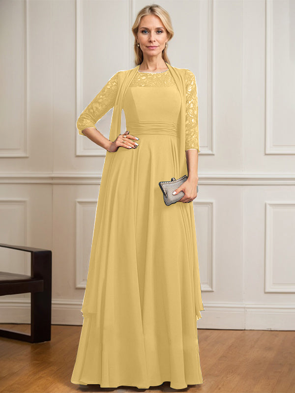 A-line Scoop Illusion Floor-Length Lace Chiffon Mother of the Bride Dress With Pleated