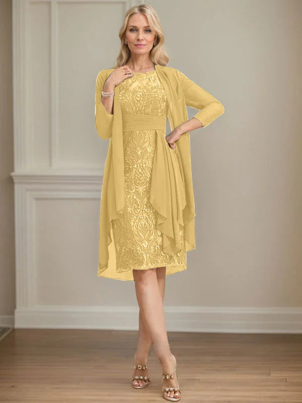 Etui/Säulenförmiges Kleid mit Illusion, knielang, aus Spitze und Chiffon, Brautmutterkleid mit herabfließenden Rüschen und Pailletten