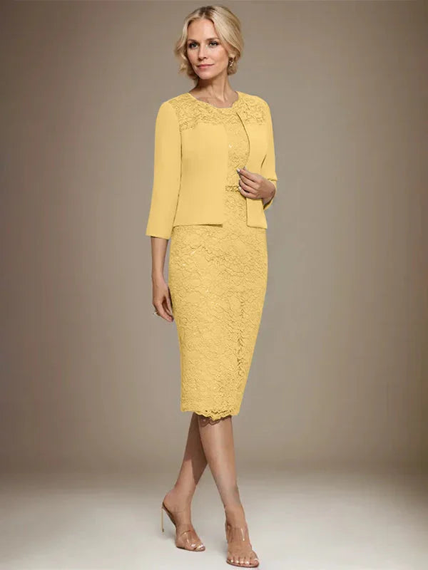 Vestido de madrina de novia de encaje de gasa con abalorios, corte columna y largo hasta la rodilla
