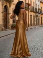 Gold Glamerous Cascading Crystal Beaded Bodice Prom Dress With Slit