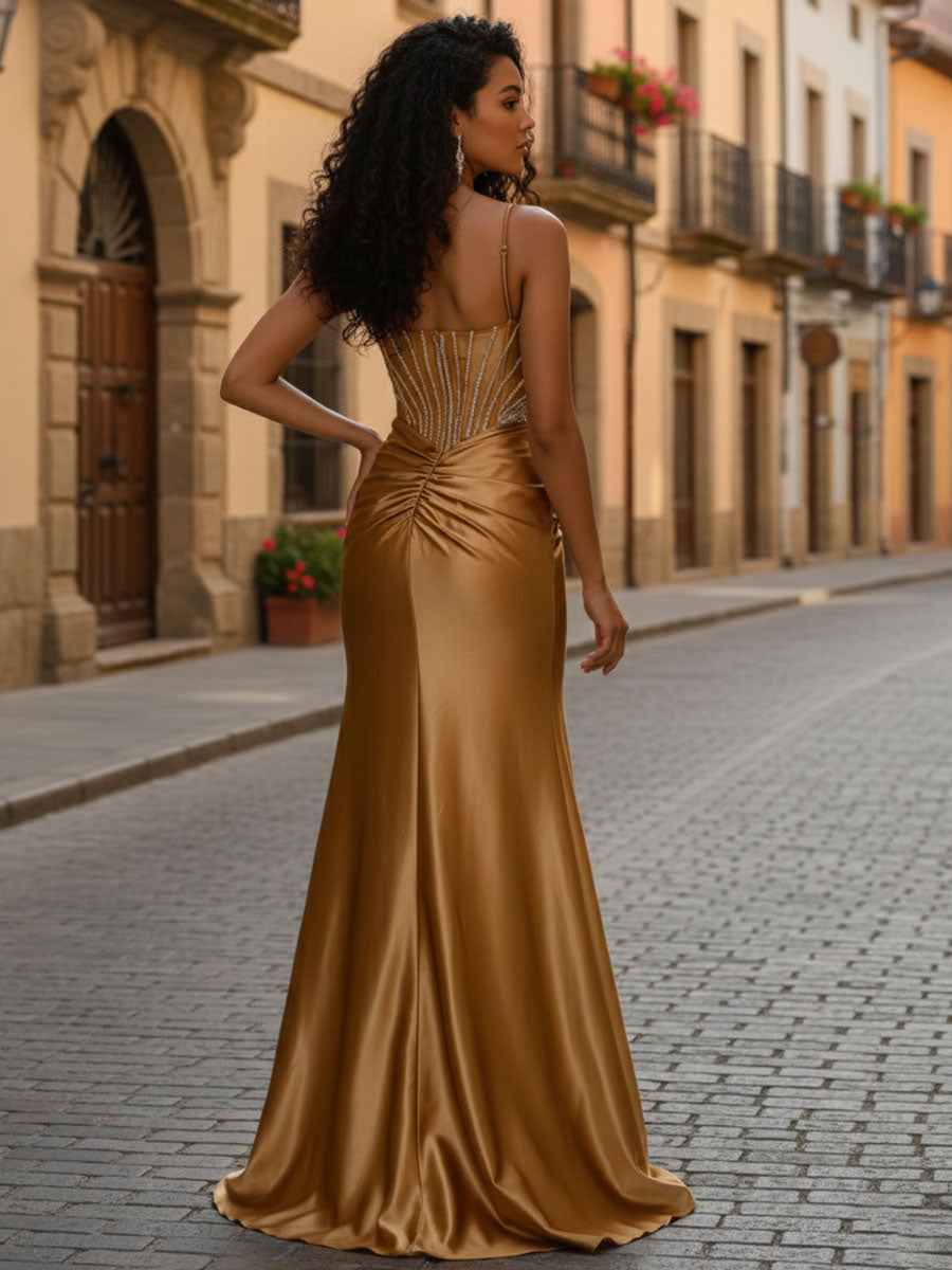 Gold Plunging V-Neck Cascading Crystal Satin Prom Dress With Slit